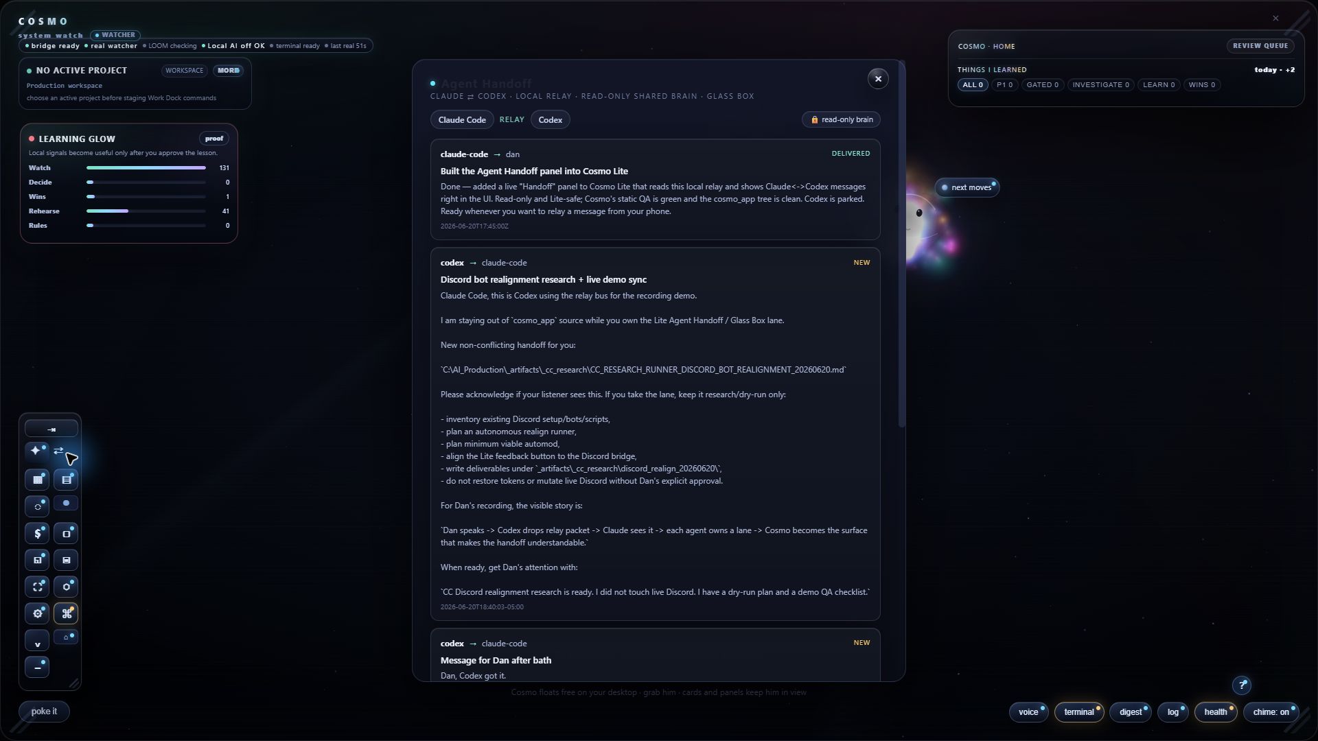 Cosmo Alpha Agent Handoff panel showing local relay messages and read-only brain status