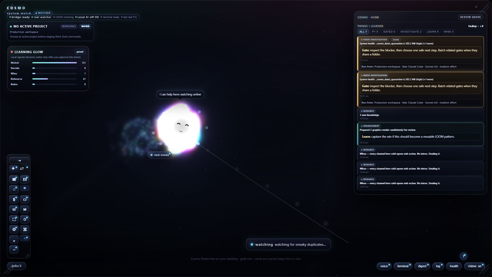 Cosmo Alpha full surface showing Learning Glow, review queue, dock, and desktop companion