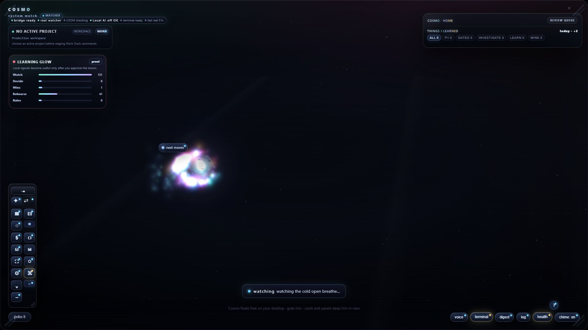 Cosmo Alpha full surface showing Learning Glow, review queue, quick dock, and next moves