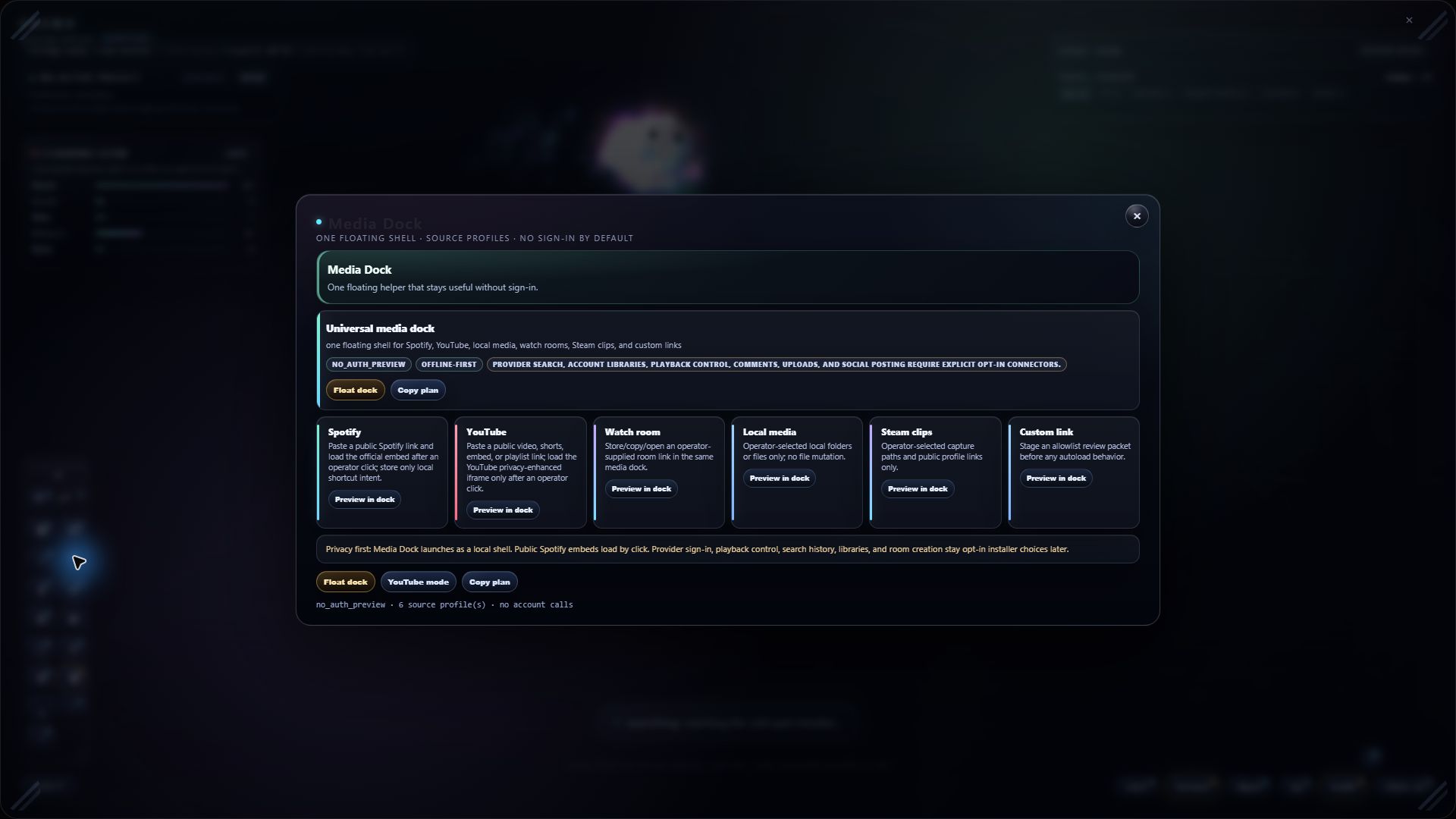 Cosmo Alpha Media Dock widget with Spotify, YouTube, watch room, local media, Steam clips, and custom link cards