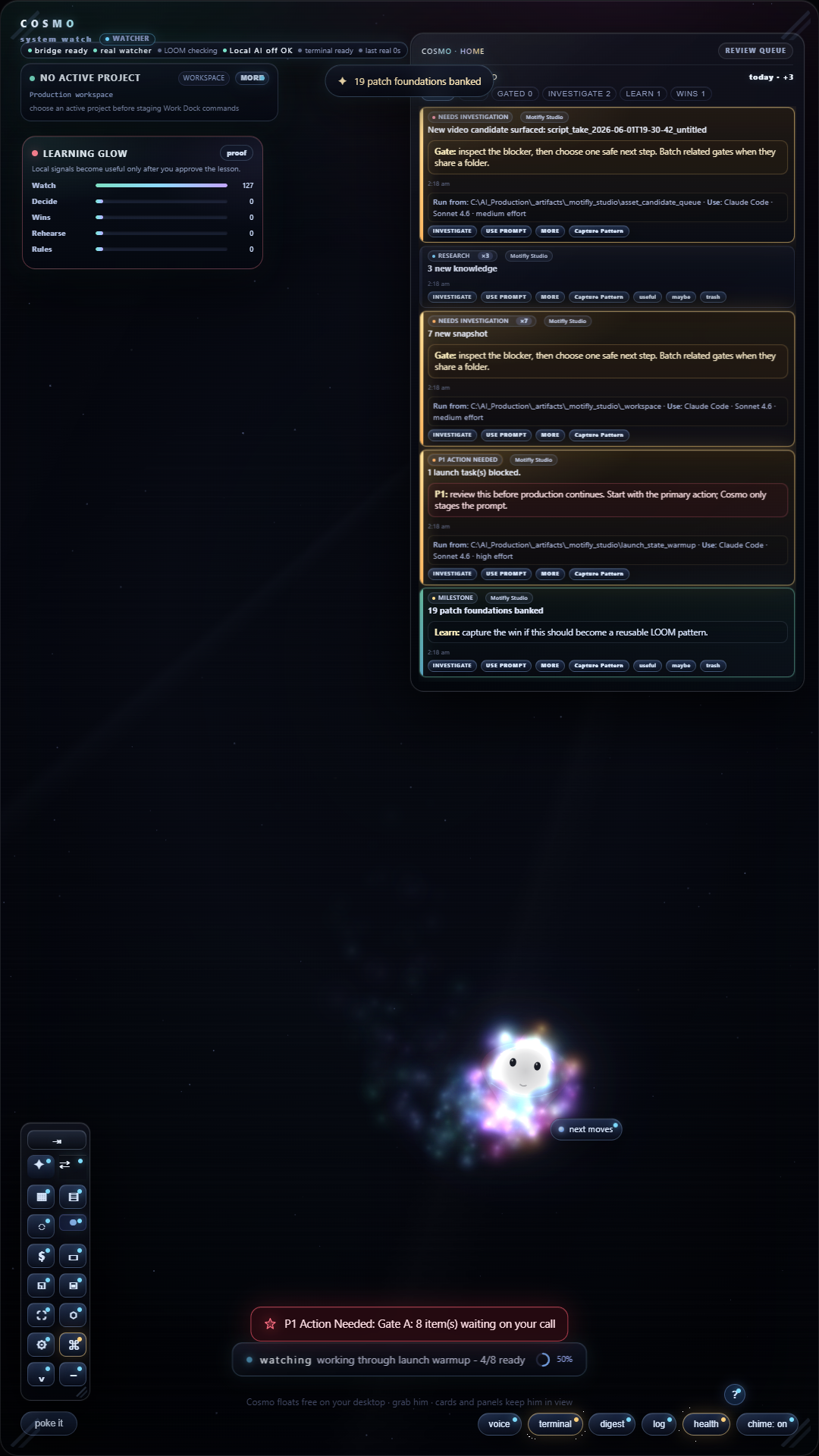 Current Cosmo runtime showing visible learning and cards