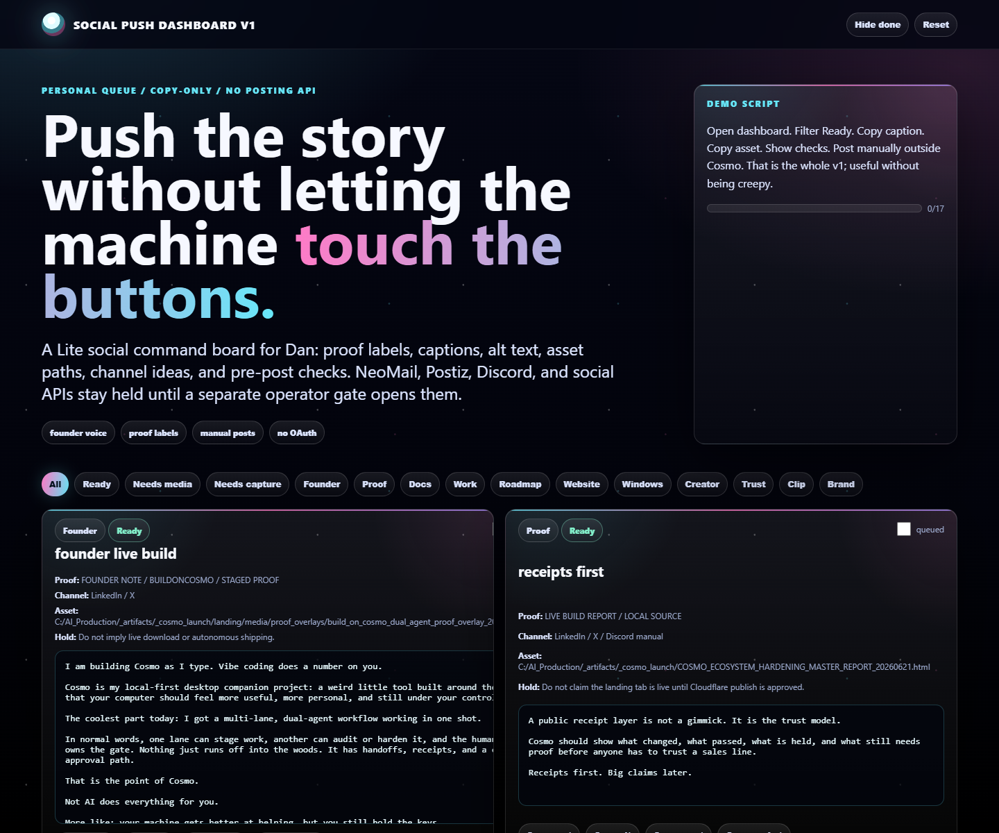 Cosmo social push dashboard with copy-only cards and no posting API