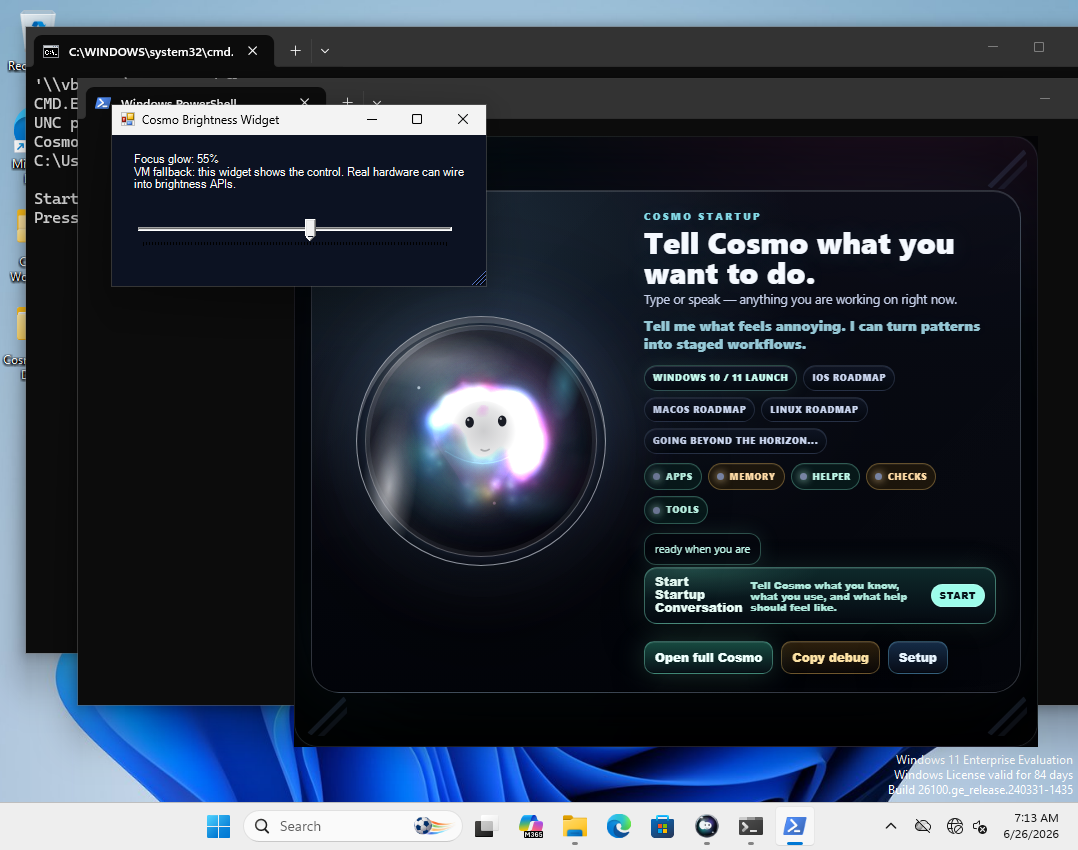 Cosmo running on a Windows desktop with a small local brightness widget above it