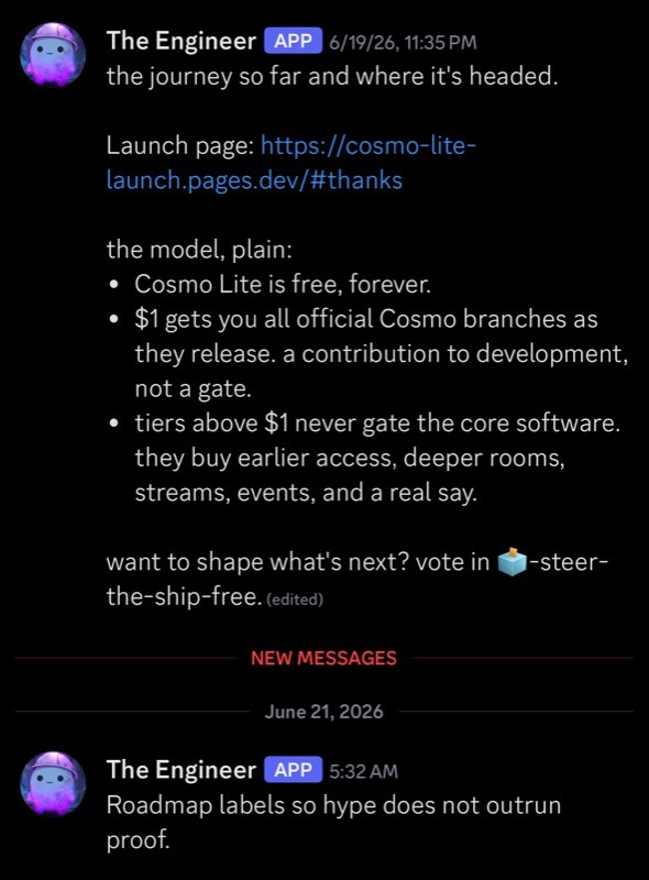 Discord roadmap post explaining that Cosmo Lite is free forever and paid tiers do not gate the core software