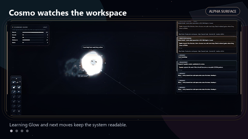 Animated Cosmo Alpha surface context loop showing Learning Glow, handoff panel, media dock, and review queue