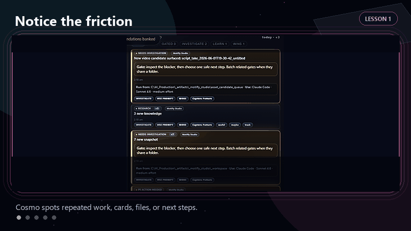 Animated Cosmo handoff loop showing notice, ask, stage, approve, and learn workflow