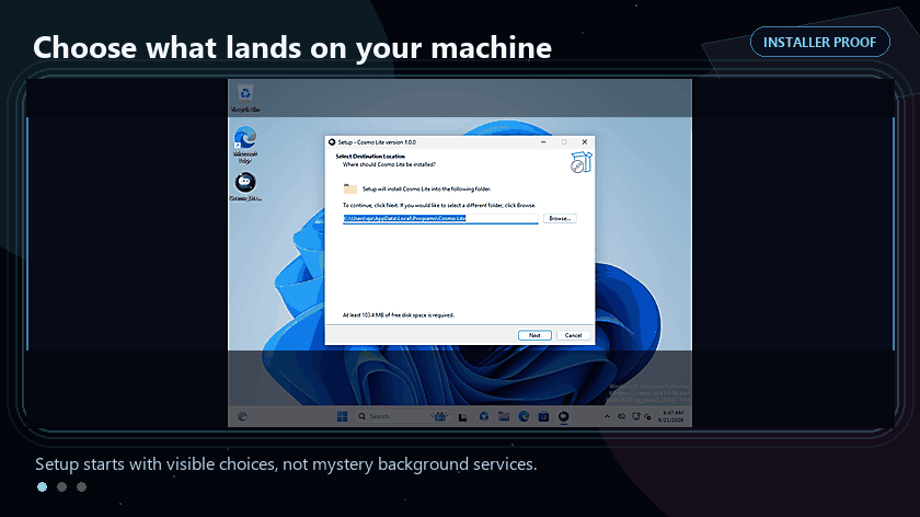 Animated Cosmo Lite installer flow showing install location and optional startup or handoff choices