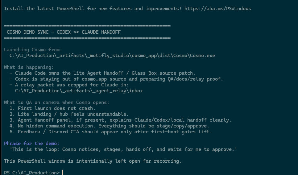 PowerShell handoff note describing Codex and Claude working through a local relay folder