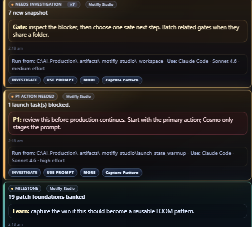 Cosmo cards with investigate, use prompt, and capture pattern action buttons