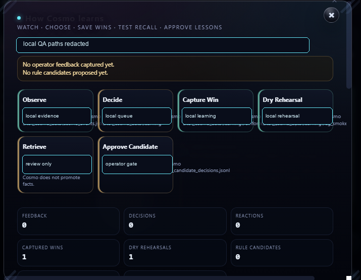 Cosmo learning loop proof panel with capture win, dry rehearsal, and approve candidate options