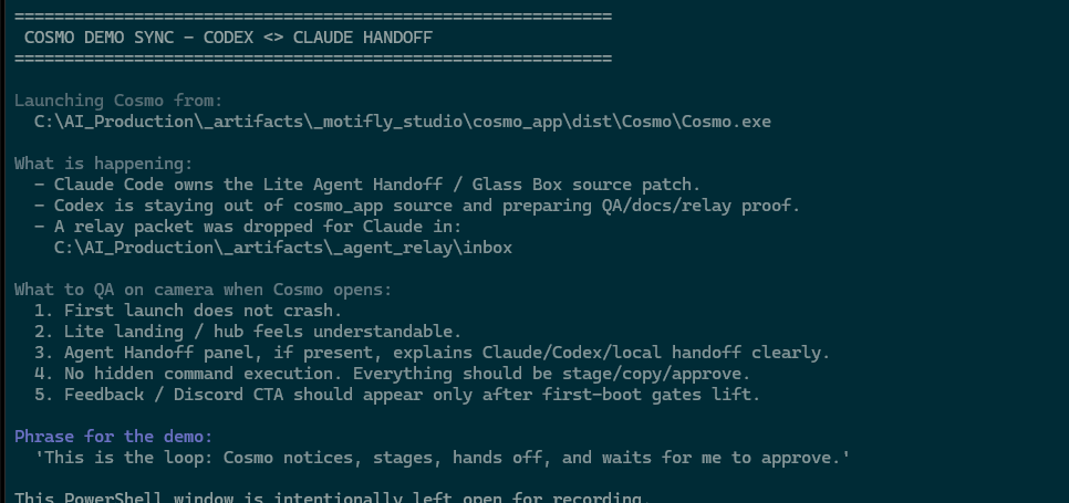Local handoff packet staged in PowerShell before Cosmo opens