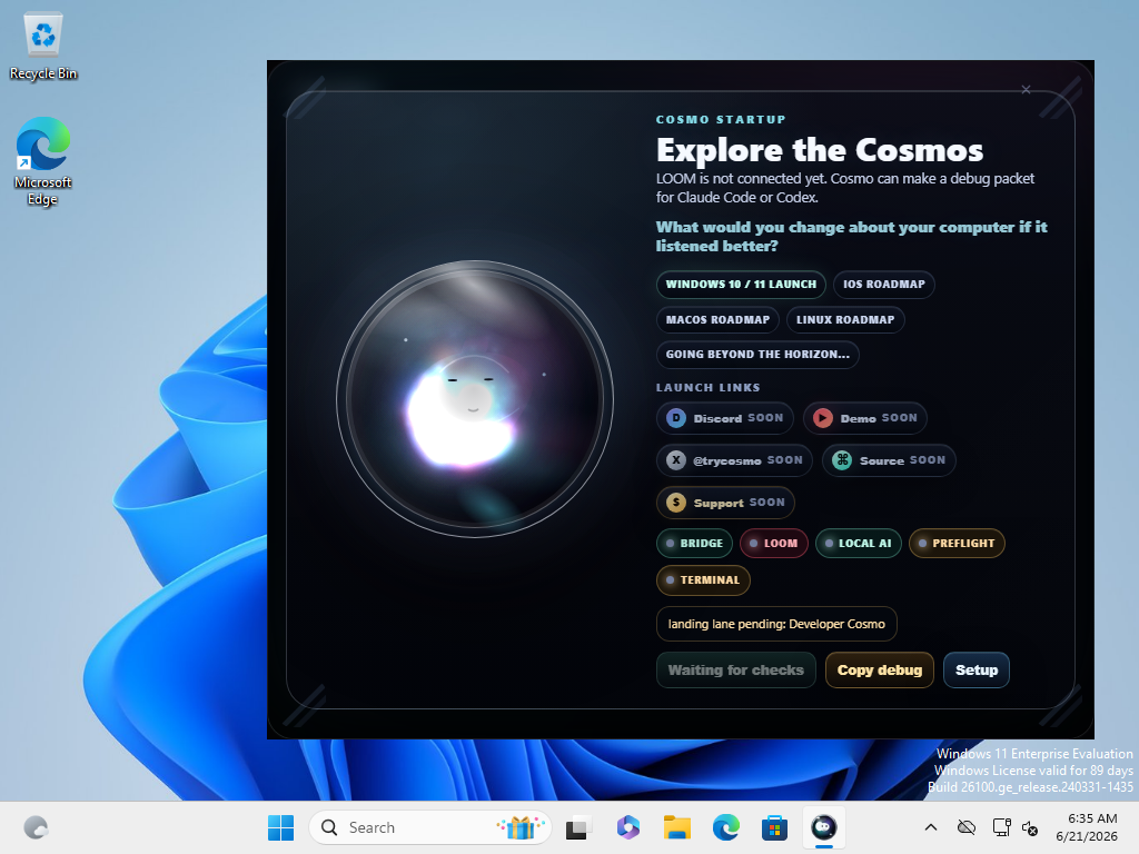 Cosmo Lite startup prompt asking what the user would change about the computer
