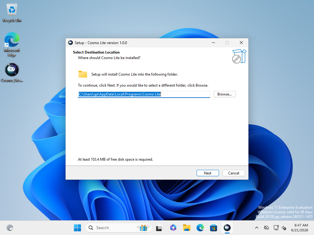 Cosmo Lite installer destination screen in the Windows VM