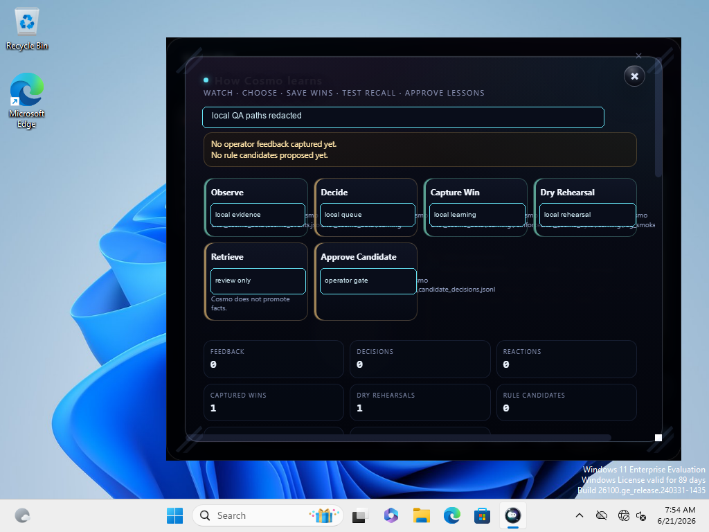 Cosmo Lite learning loop proof panel captured in the Windows VM with local paths redacted